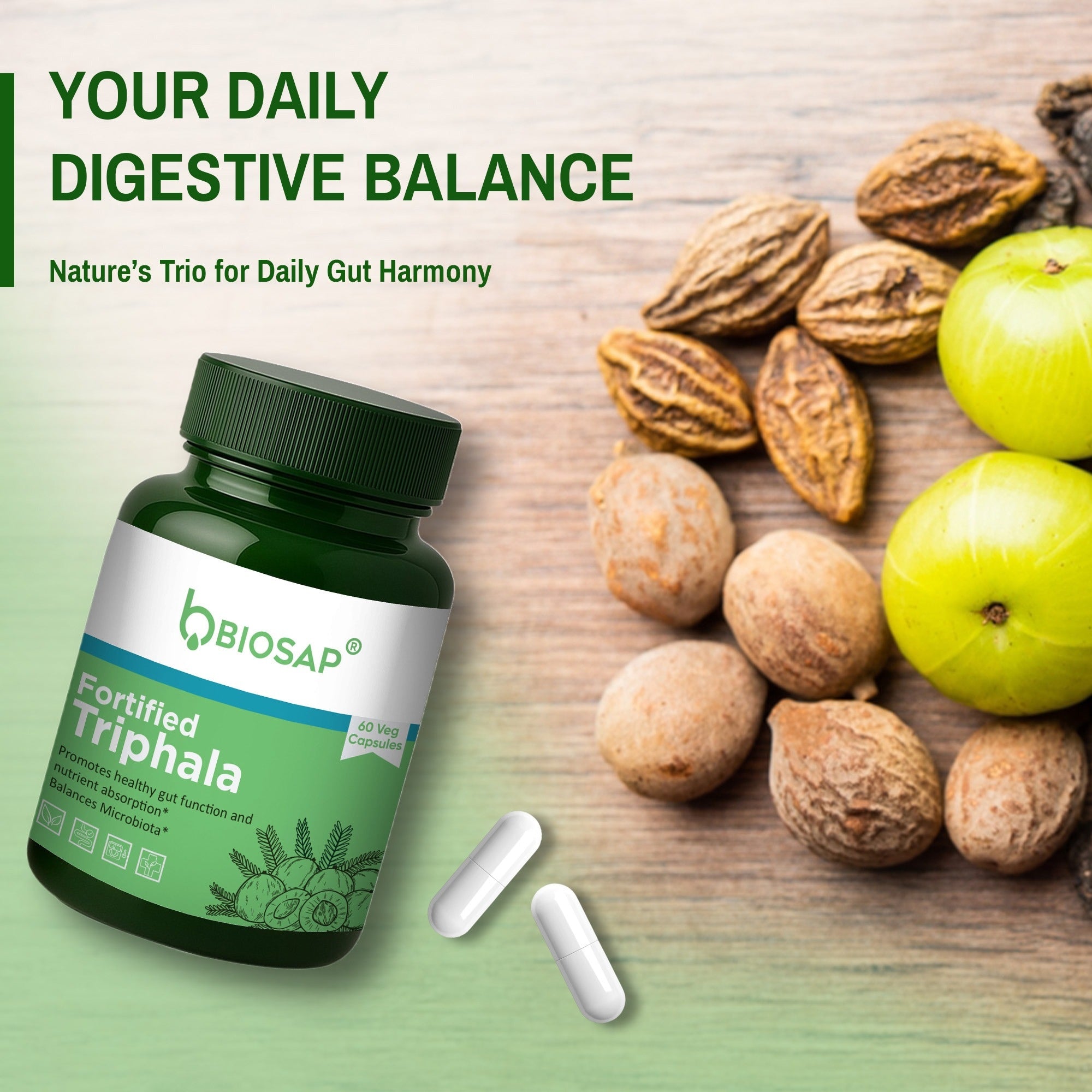 Fortified Triphala — Gut Rhythm & Gentle Detox | 60 Veg Capsules