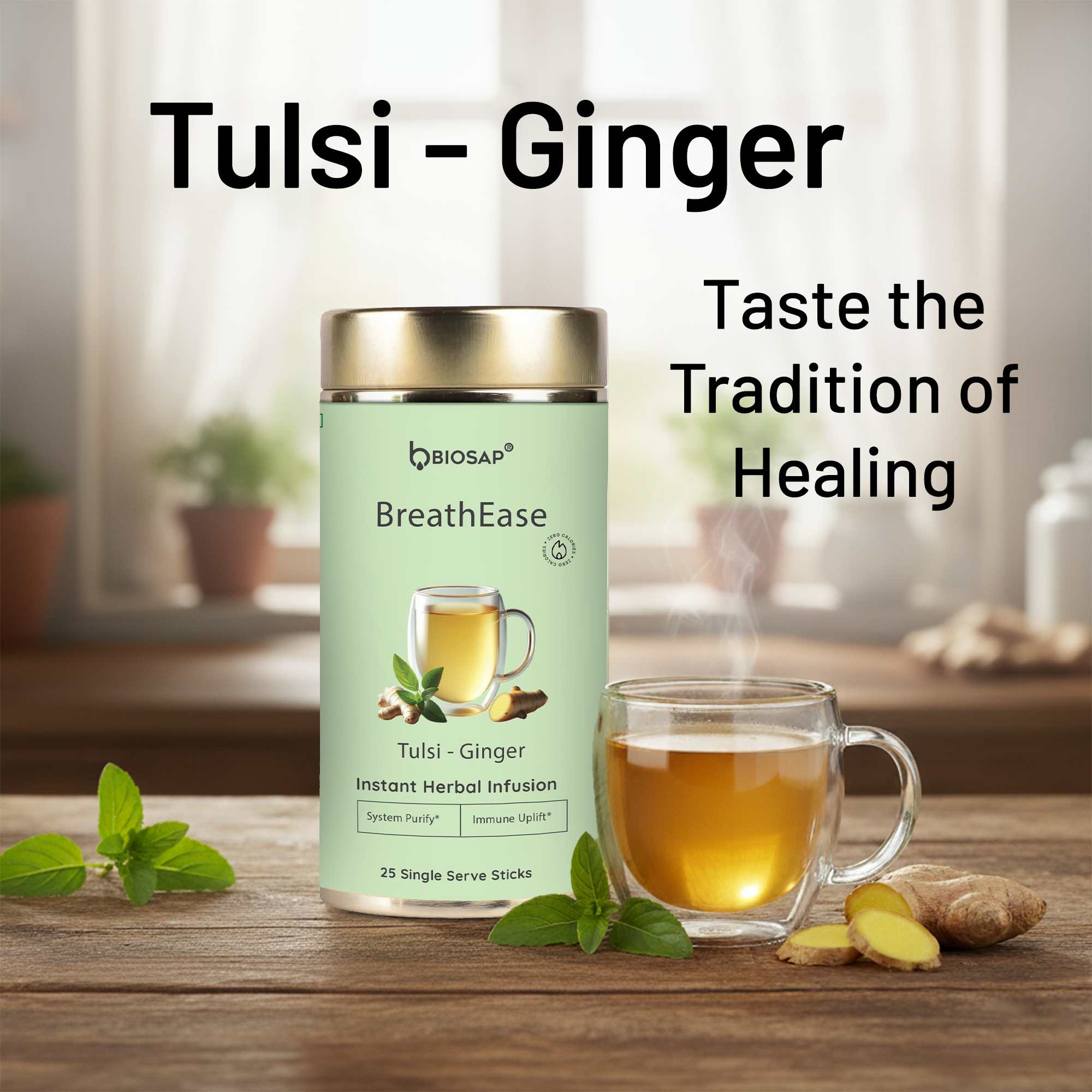 BreatheEase Herbal Infusion — Tulsi + Ginger | 25 sticks × 2 g